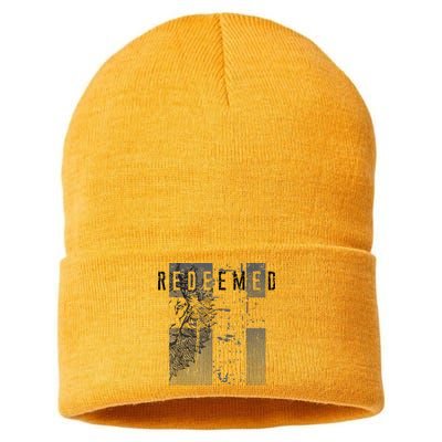 Redeemed Faded Distressed Grunge Lion With Cross Christian Sustainable Knit Beanie
