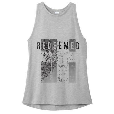 Redeemed Faded Distressed Grunge Lion With Cross Christian Ladies PosiCharge Tri-Blend Wicking Tank