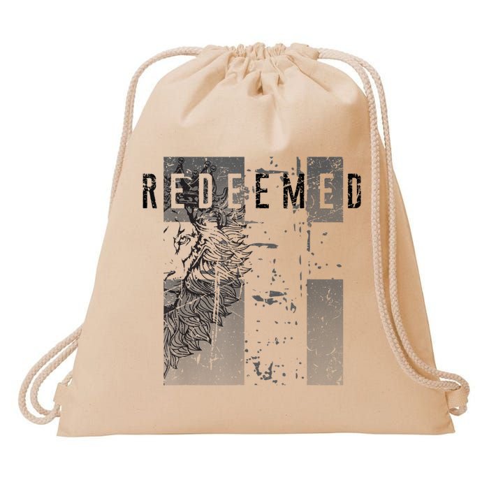 Redeemed Faded Distressed Grunge Lion With Cross Christian Drawstring Bag