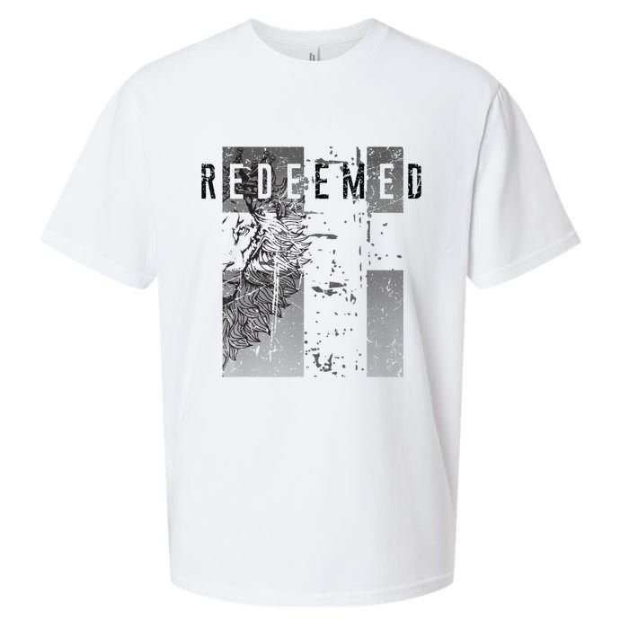 Redeemed Faded Distressed Grunge Lion With Cross Christian Sueded Cloud Jersey T-Shirt