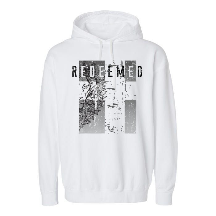 Redeemed Faded Distressed Grunge Lion With Cross Christian Garment-Dyed Fleece Hoodie