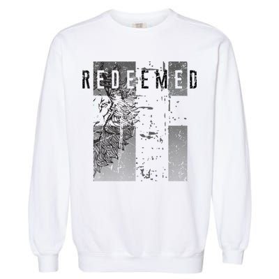 Redeemed Faded Distressed Grunge Lion With Cross Christian Garment-Dyed Sweatshirt