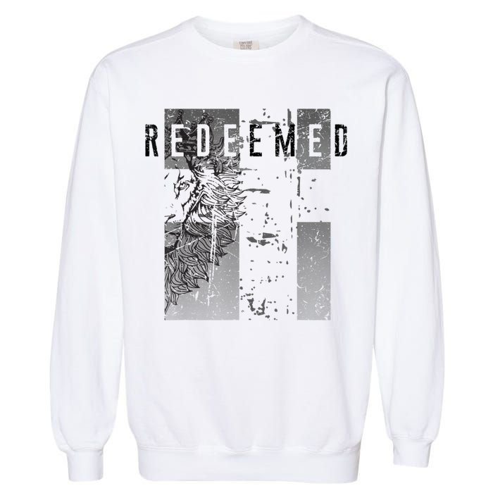 Redeemed Faded Distressed Grunge Lion With Cross Christian Garment-Dyed Sweatshirt