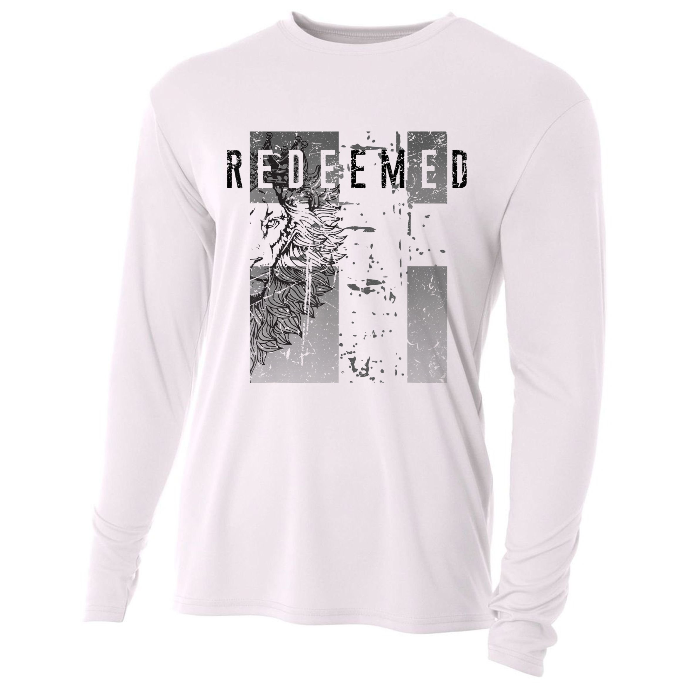 Redeemed Faded Distressed Grunge Lion With Cross Christian Cooling Performance Long Sleeve Crew