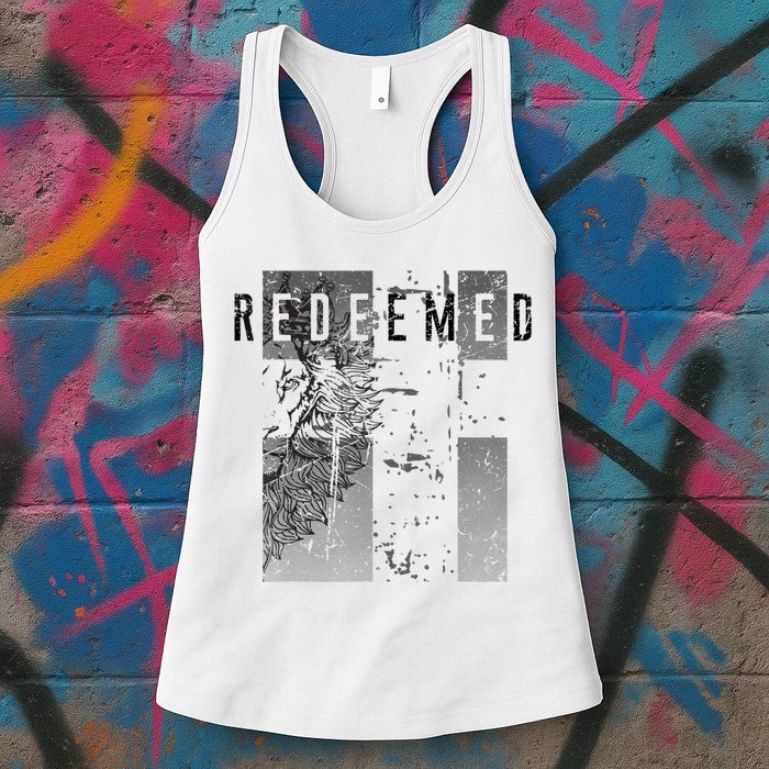 Redeemed Faded Distressed Grunge Lion With Cross Christian Womens Tank Top