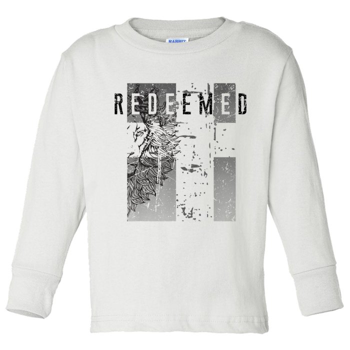Redeemed Faded Distressed Grunge Lion With Cross Christian Toddler Long Sleeve Shirt