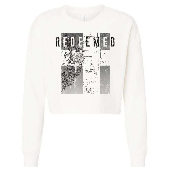 Redeemed Faded Distressed Grunge Lion With Cross Christian Cropped Pullover Crew