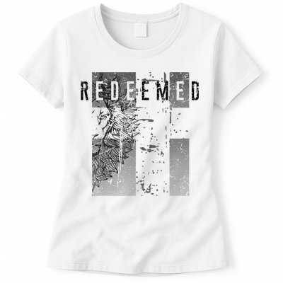 Redeemed Faded Distressed Grunge Lion With Cross Christian Womens T-Shirt
