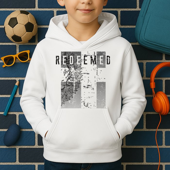 Redeemed Faded Distressed Grunge Lion With Cross Christian Kids Hoodie