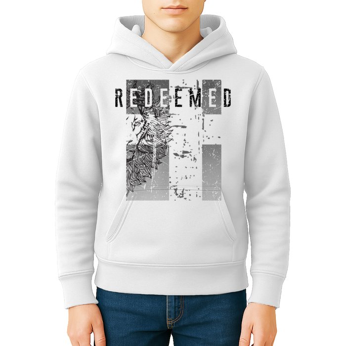 Redeemed Faded Distressed Grunge Lion With Cross Christian Kids Hoodie