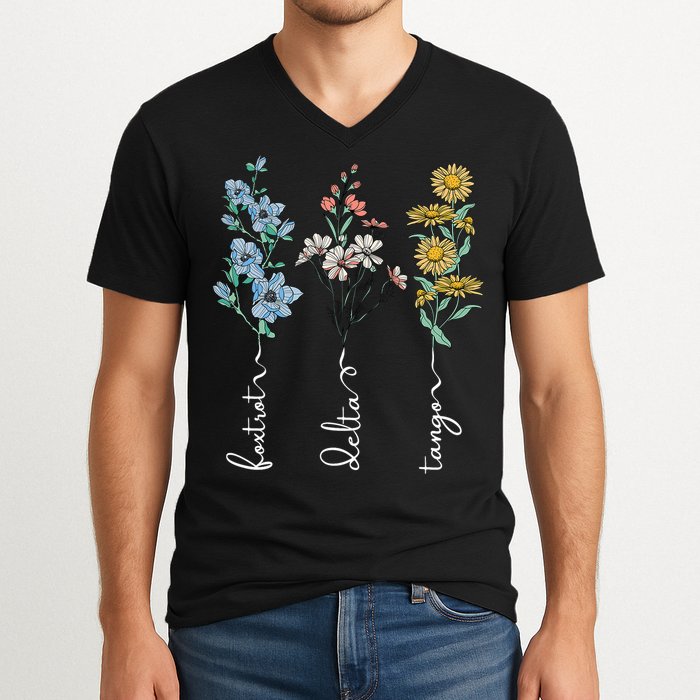 Retro Foxtrots Deltas Tangos Flower V-Neck T-Shirt