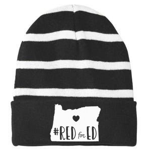 Red For Ed Oregon Teacher Public Education Supporter Striped Beanie with Solid Band