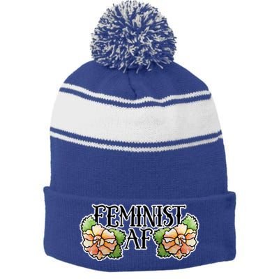 Retro Flower Feminist Af Cool Gift Stripe Pom Pom Beanie