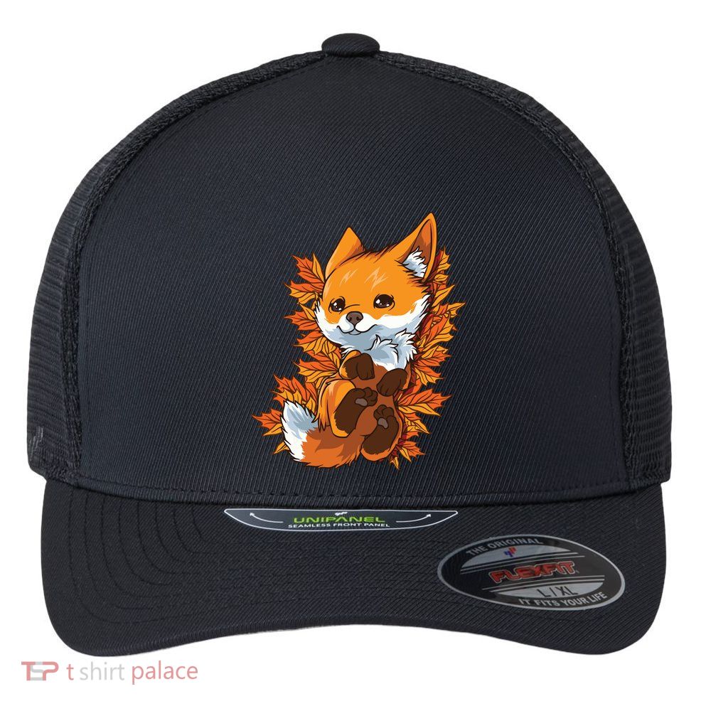 Red Forest Fox Baby Animal Autumn Fall Leaves Flexfit Unipanel Trucker Cap