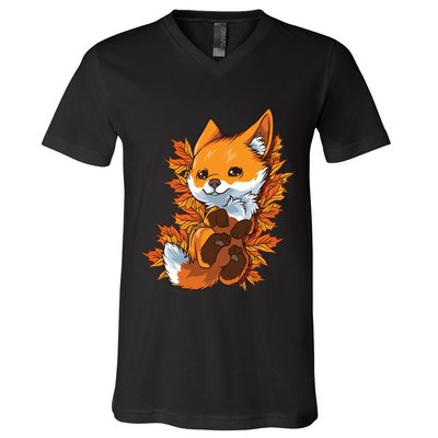 Red Forest Fox Baby Animal Autumn Fall Leaves V-Neck T-Shirt
