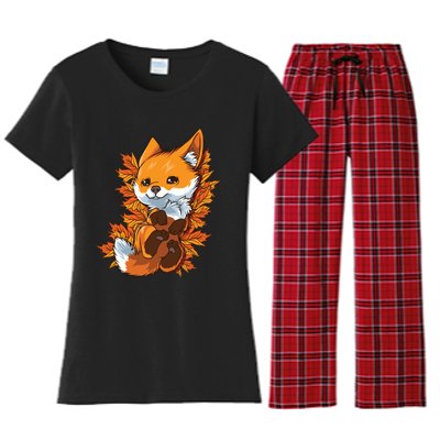 Red Forest Fox Baby Animal Autumn Fall Leaves Women's Flannel Pajama Set