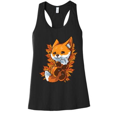 Red Forest Fox Baby Animal Autumn Fall Leaves Women's Racerback Tank