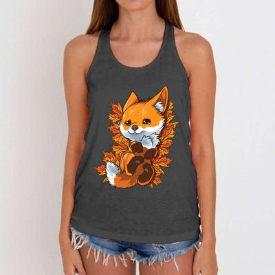 Red Forest Fox Baby Animal Autumn Fall Leaves Women's Knotted Racerback Tank