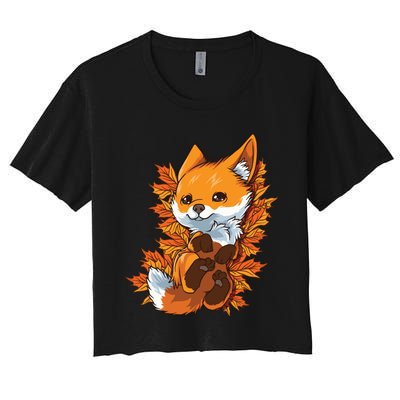 Red Forest Fox Baby Animal Autumn Fall Leaves Women's Crop Top Tee