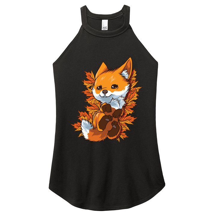 Red Forest Fox Baby Animal Autumn Fall Leaves Women's Perfect Tri Rocker Tank