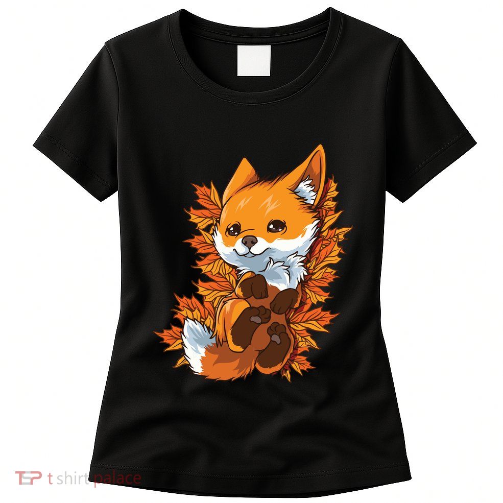 Red Forest Fox Baby Animal Autumn Fall Leaves Womens T-Shirt