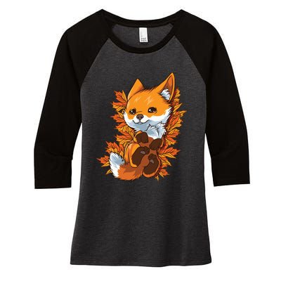 Red Forest Fox Baby Animal Autumn Fall Leaves Women's Tri-Blend 3/4-Sleeve Raglan Shirt