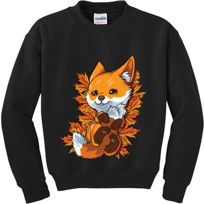 Red Forest Fox Baby Animal Autumn Fall Leaves Kids Sweatshirt