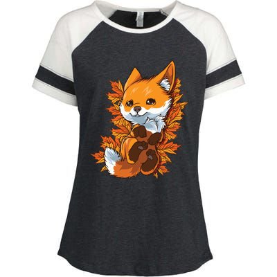 Red Forest Fox Baby Animal Autumn Fall Leaves Enza Ladies Jersey Colorblock Tee