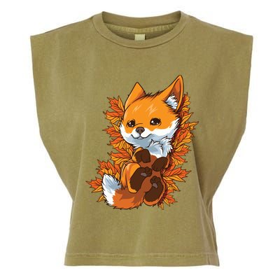 Red Forest Fox Baby Animal Autumn Fall Leaves Garment-Dyed Women's Muscle Tee