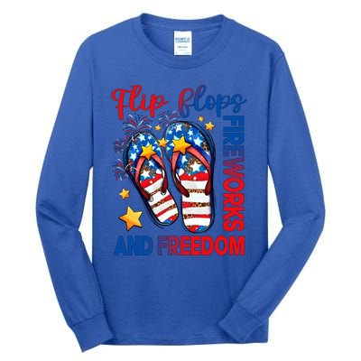 Retro Flip Flops Fireworks And Freedom American Flag Summer Gift Tall Long Sleeve T-Shirt