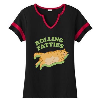 Rolling Fatties Funny Weed Cat Marijuana Ladies Halftime Notch Neck Tee