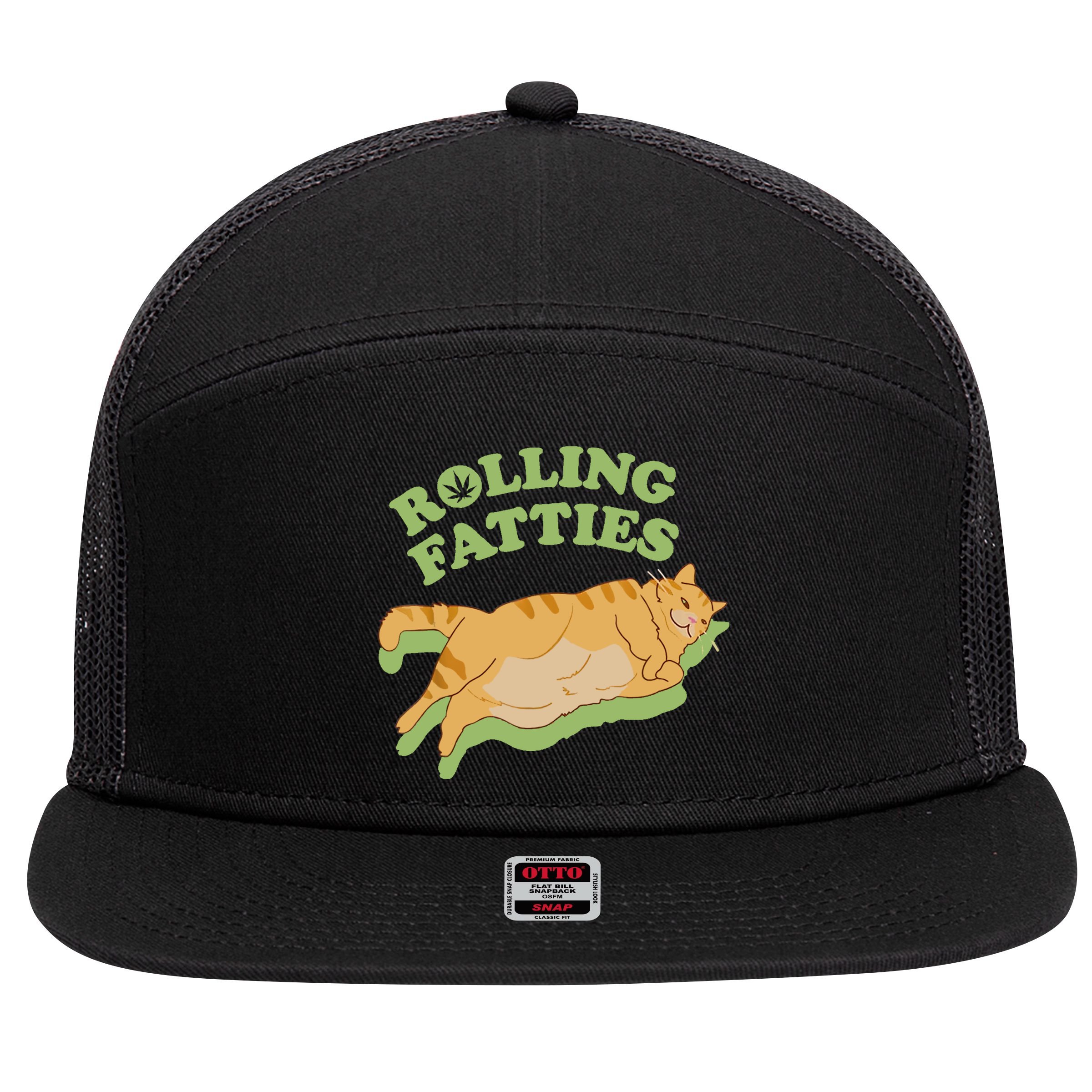 Rolling Fatties Funny Weed Cat Marijuana 7 Panel Mesh Trucker Snapback Hat