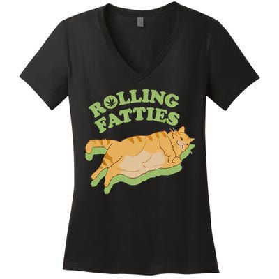 Rolling Fatties Funny Weed Cat Marijuana Women's V-Neck T-Shirt