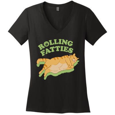 Rolling Fatties Funny Weed Cat Marijuana Women's V-Neck T-Shirt