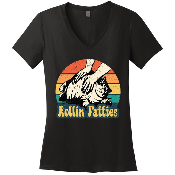 Rollin Fatties Funny Cat Meme Cat Mom Cat Owner Cat Lover Women's V-Neck T-Shirt