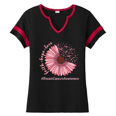 Ribbon Flower Faith Hope Love Breast Cancer Awareness Month Ladies Halftime Notch Neck Tee