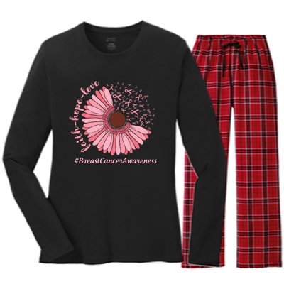 Ribbon Flower Faith Hope Love Breast Cancer Awareness Month Women's Long Sleeve Flannel Pajama Set 