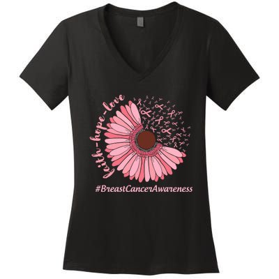 Ribbon Flower Faith Hope Love Breast Cancer Awareness Month Women's V-Neck T-Shirt