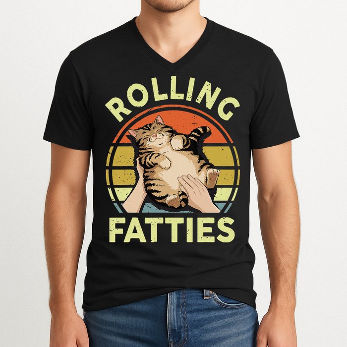Rolling Fatties Funny Tabby Cat Breed Mom Dad Kitten Retro V-Neck T-Shirt