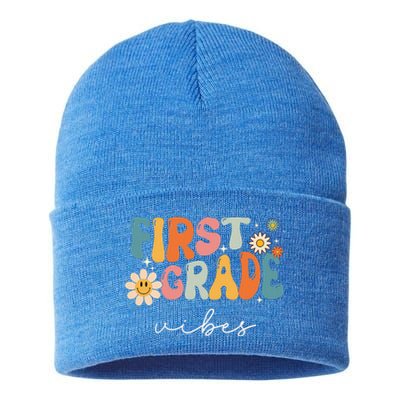 Retro First Grade Vibes 1st Grade Team First Day Of School Sustainable Knit Beanie