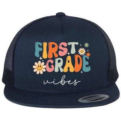 Retro First Grade Vibes 1st Grade Team First Day Of School Flat Bill Trucker Hat