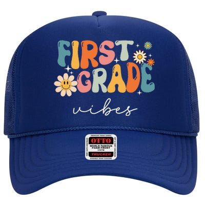 Retro First Grade Vibes 1st Grade Team First Day Of School High Crown Mesh Back Trucker Hat