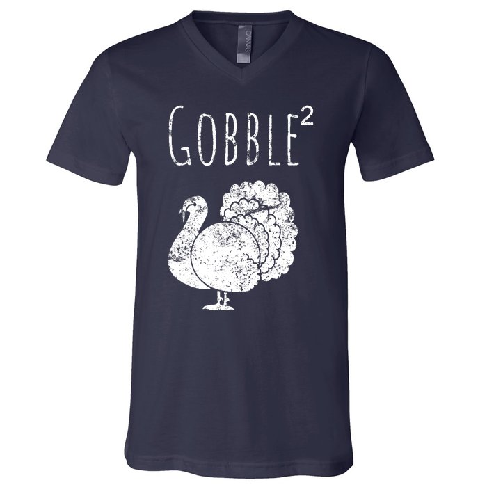 Retro Funny Gobble Squared Turkey Day Math Thanksgiving Joke V-Neck T-Shirt