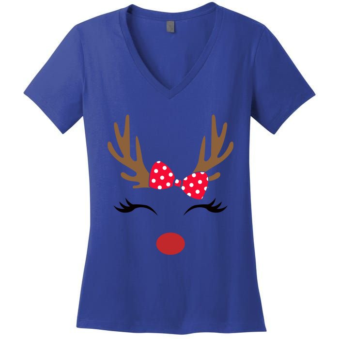 Reindeer Face Glasses Leopard Christmas Costume Gift Women's V-Neck T-Shirt