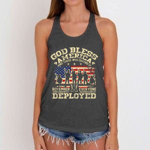 RED Friday God Bless America Remember Everyone Deployed Women's Knotted Racerback Tank