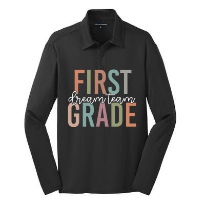 Retro First Grade Dream Team Groovy Teacher Back To School Silk Touch Performance Long Sleeve Polo