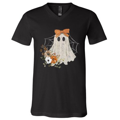 Retro Floral Ghost Cute Halloween Costume Funny Graphic V-Neck T-Shirt