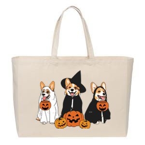 Retro Funny Ghost And Witch Corgi Dog Pumpkin Halloween Cute Sweatshirt Cotton Canvas Jumbo Tote