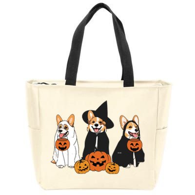 Retro Funny Ghost And Witch Corgi Dog Pumpkin Halloween Cute Sweatshirt Zip Tote Bag