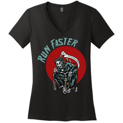 Run Faster Grim Reaper Last Responder Funny Dark Humor Gift Women's V-Neck T-Shirt